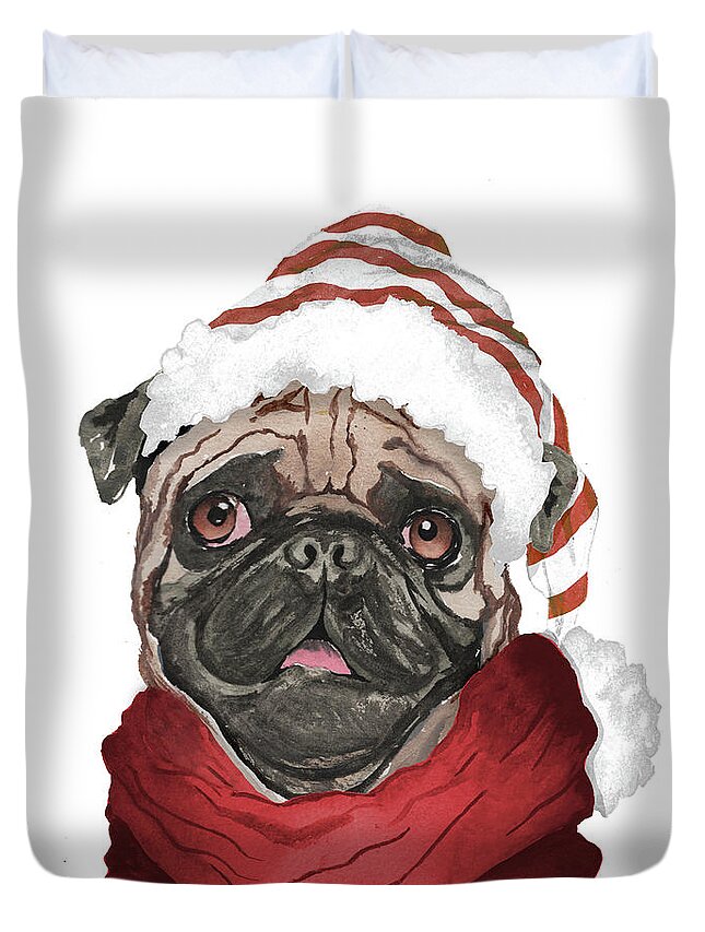 Holiday Duvet Cover featuring the painting Holiday Pug by Elizabeth Medley