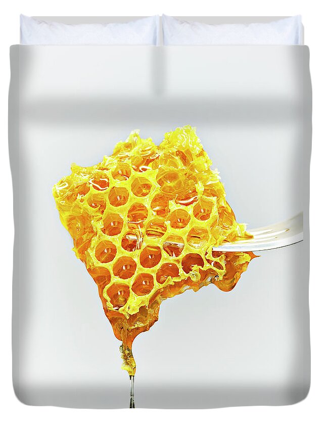 White Background Duvet Cover featuring the photograph Honey Comb On A Fork by David Muir