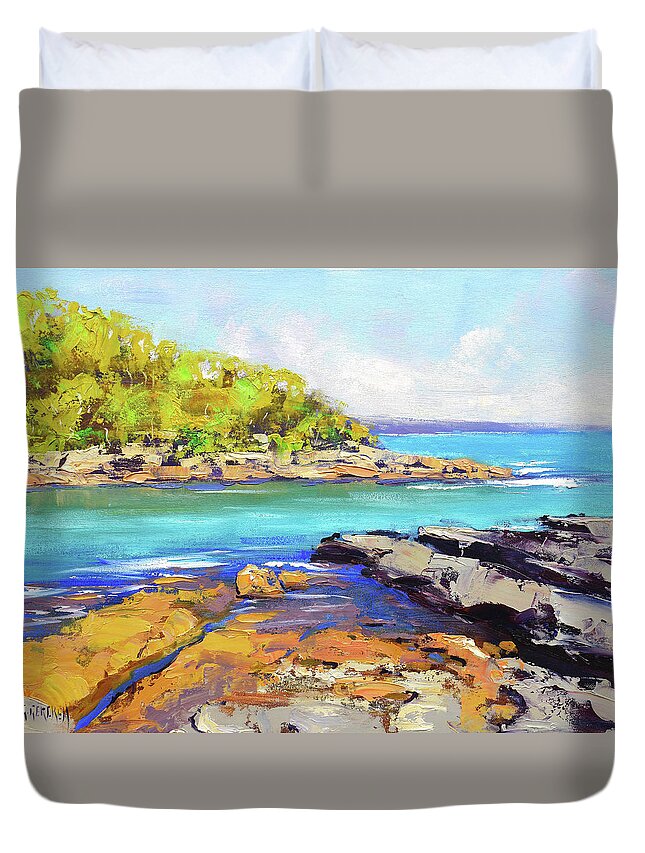 Beach Scenes Duvet Cover featuring the painting Honey Moon Bay nsw by Graham Gercken