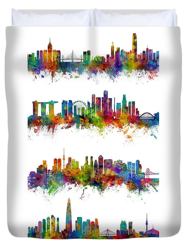 Seoul Duvet Cover featuring the digital art Hong Kong, Singapore, Tokyo and Seoul Skylines by Michael Tompsett
