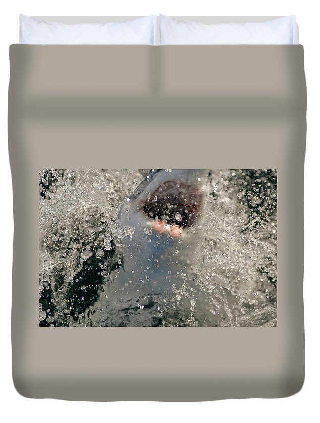 Mako Duvet Cover featuring the photograph Hooked Mako Shark coming out of water by David Shuler