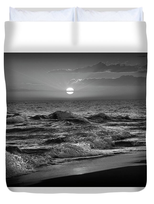 Sunset Duvet Cover featuring the photograph Horizontal Black and White Photograph of a Lake Michigan Sunset by Randall Nyhof