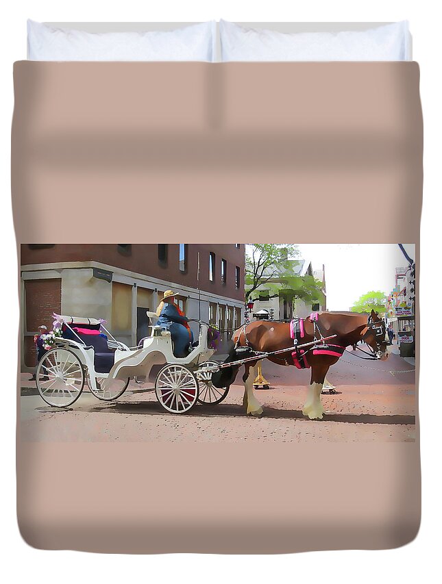 Horse Duvet Cover featuring the painting Horse and Carriage Tours in Boston by Jeelan Clark