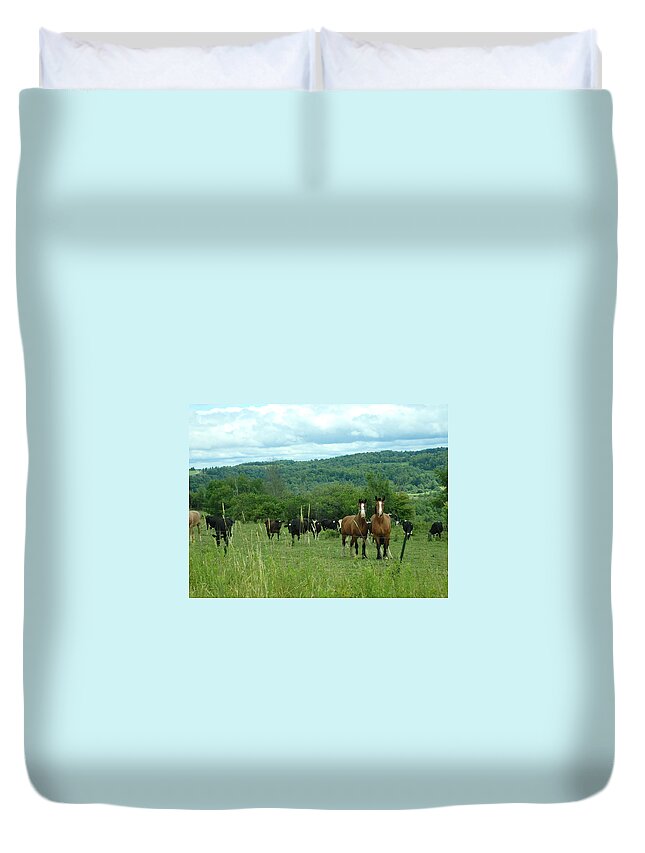 Horse Duvet Cover featuring the photograph Horse and cow by Susan Jensen