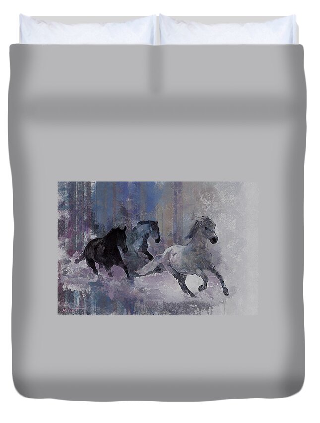 Horse Duvet Cover featuring the digital art Horses Running by Robert Bissett