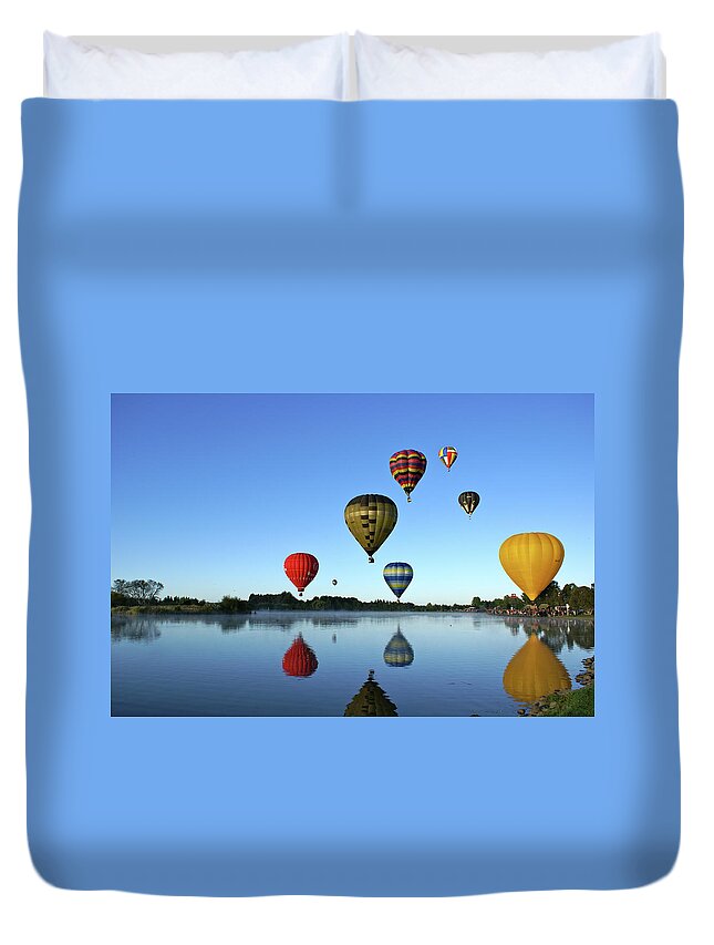 Clear Sky Duvet Cover featuring the photograph Hot Air Balloons Reflected In Lake by Brenda Anderson