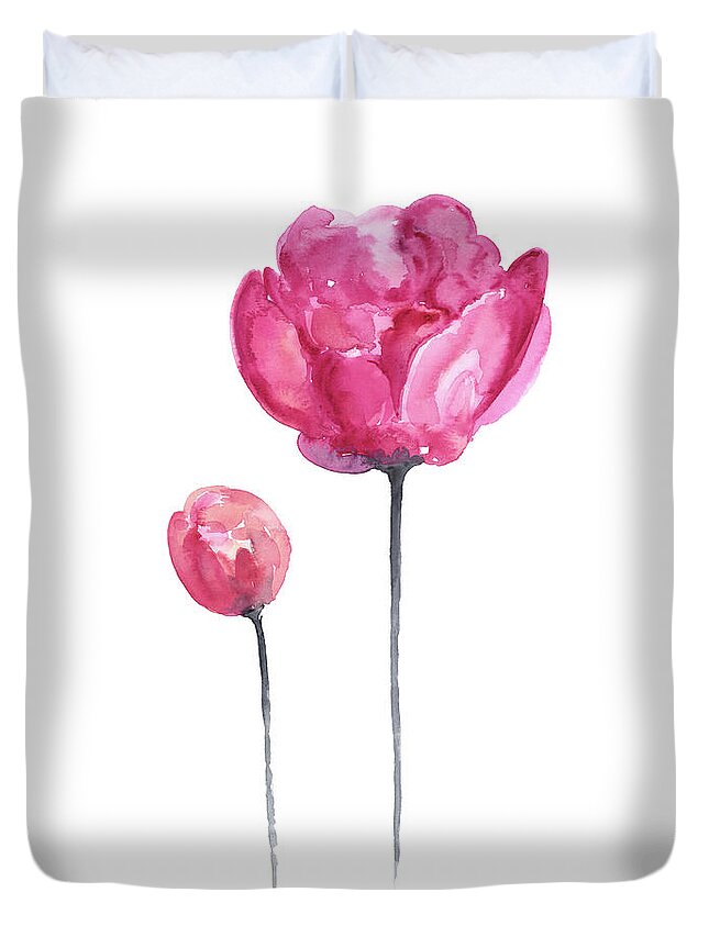 Hot Pink Peony Bloom And Bud Watercolor Duvet Cover For Sale By