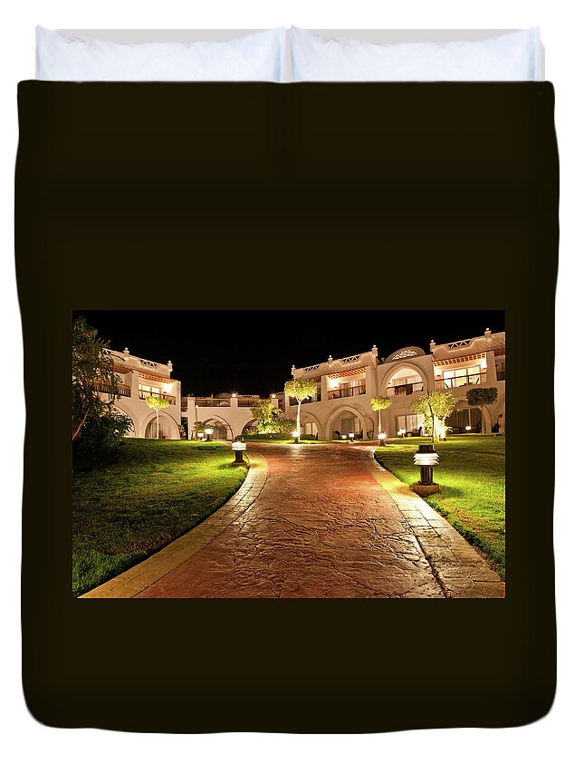 Tropical Tree Duvet Cover featuring the photograph Hotel Resort By Night by Cunfek