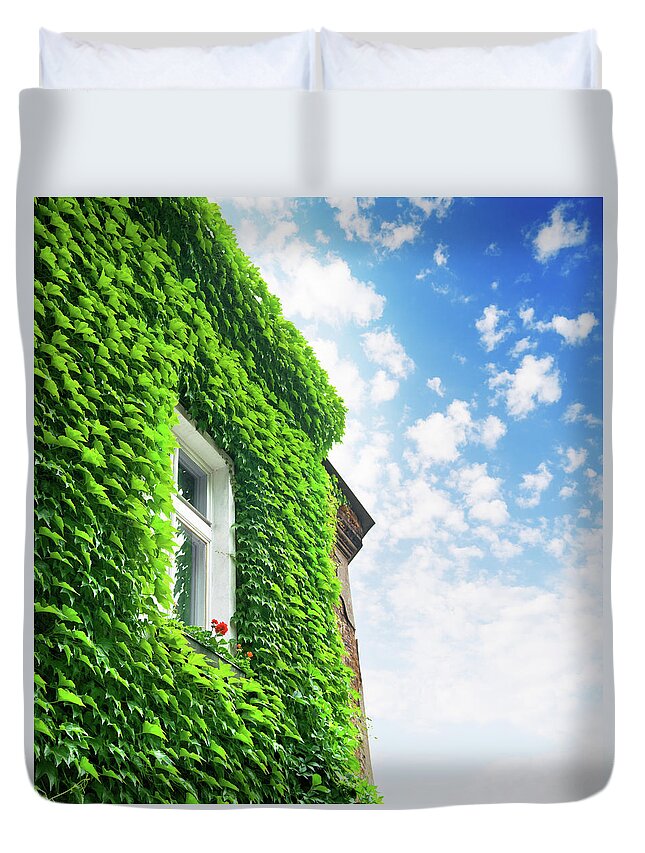 Built Structure Duvet Cover featuring the photograph House Covered With Green Ivy Foliage by Spooh