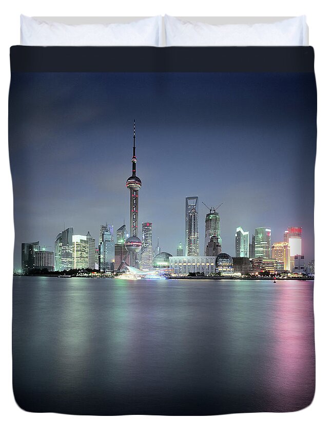 Financial District Duvet Cover featuring the photograph Huangpu River And Pudong Skyline by Martin Puddy