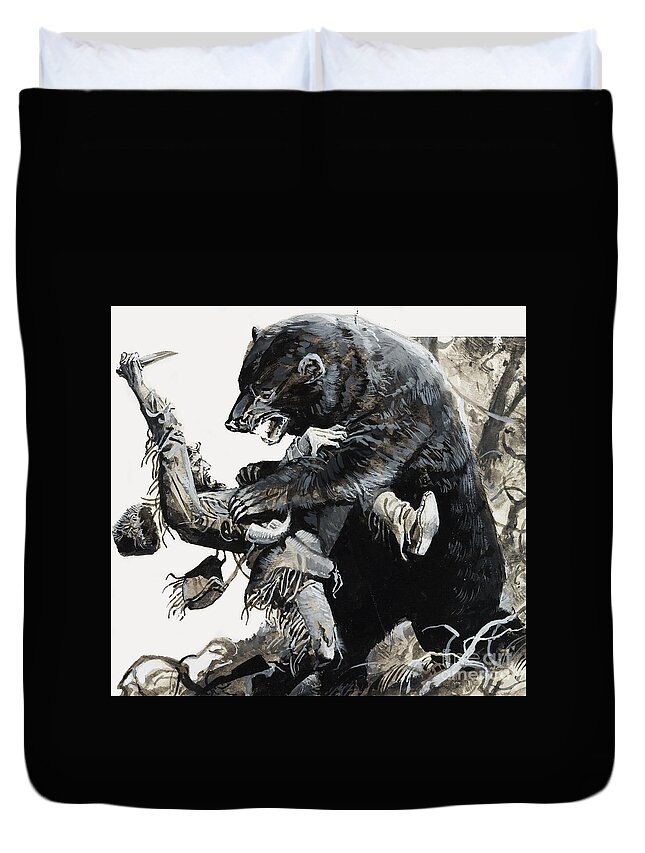 Knife Duvet Cover featuring the painting Hugh Glass Being Savaged By A Bear by Severino Baraldi