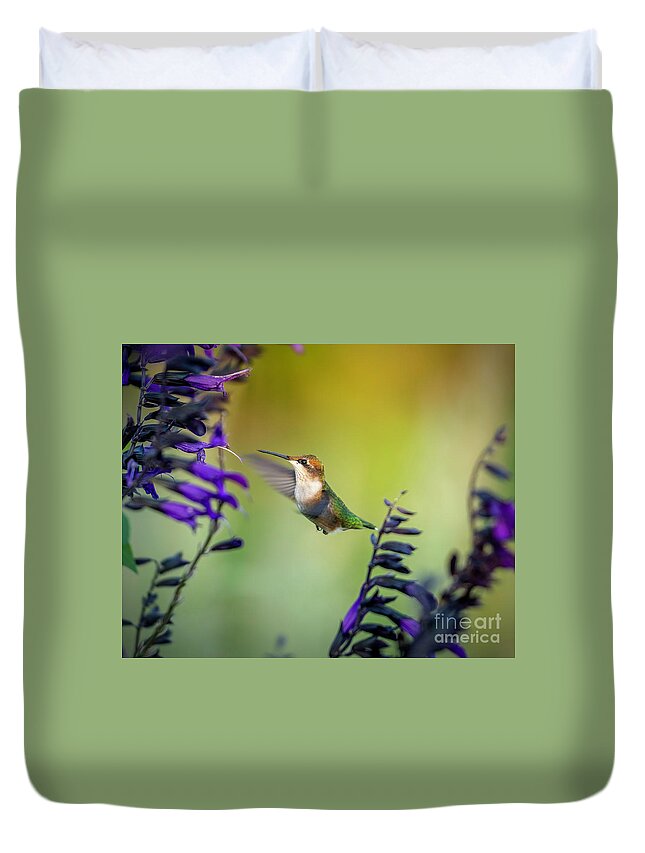 Hummingbird Duvet Cover featuring the photograph Hummingbird with Purple 2 by Bill Frische
