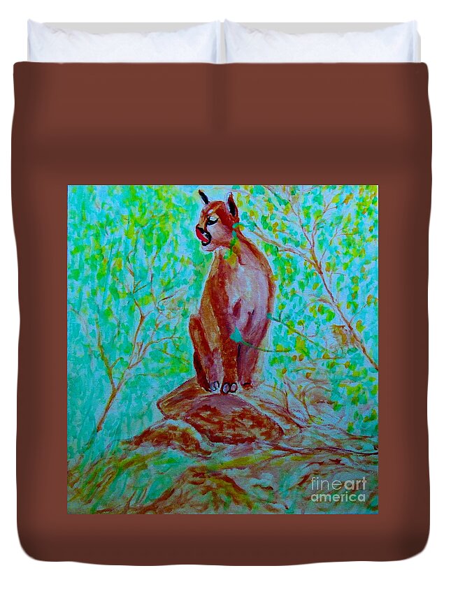 Hungry Mountain Lion Duvet Cover featuring the painting Hungry Mountain Lion by Stanley Morganstein
