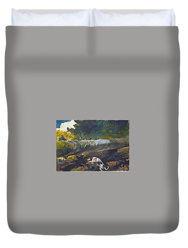 Winslow Homer Duvet Cover featuring the drawing Hunting Dog among dead Trees by Winslow Homer