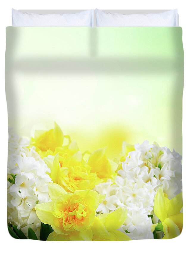 Hyacinth Duvet Cover featuring the photograph Hyacinth and daffodils by Anastasy Yarmolovich