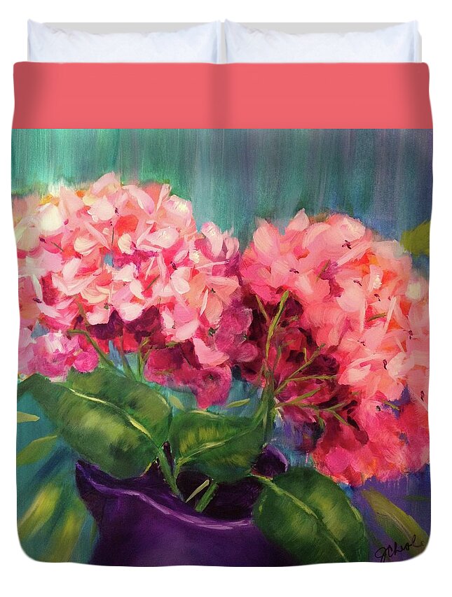 Pink Hydrangeas Duvet Cover featuring the painting Hydrangeas in Purple Pitcher by Jan Chesler