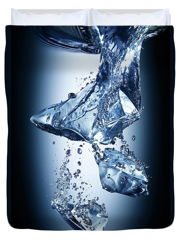 Ice Cube Duvet Cover featuring the photograph Ice Cubes Falling In Water by Biwa Studio