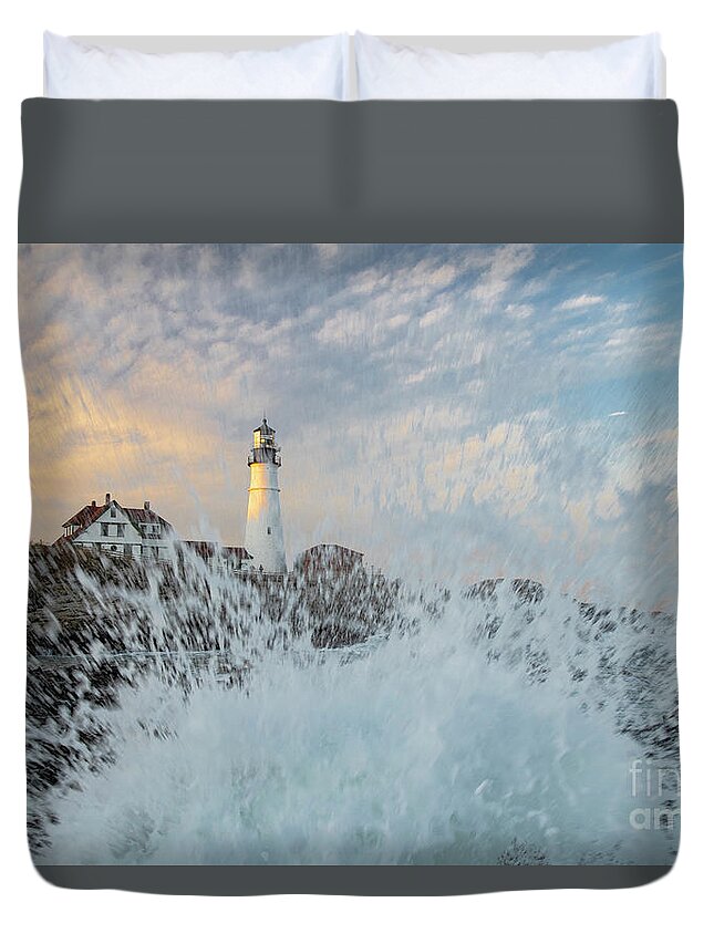 Portland Head Light Duvet Cover featuring the photograph Iconic Portland Head Light With A Splash of Energy by Wayne Moran