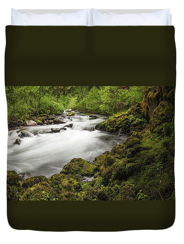 Scenics Duvet Cover featuring the photograph Idyllic Forest River Rushing Through by Fotovoyager