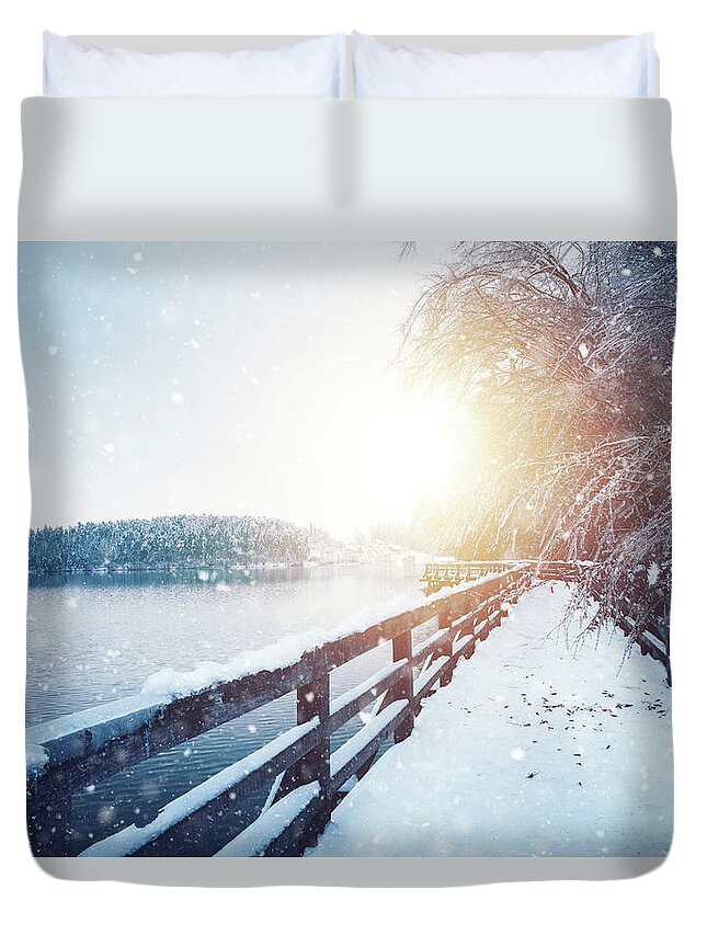 Scenics Duvet Cover featuring the photograph Idyllic Frozen Footpath by Borchee