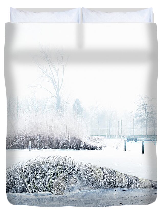 Hiding Duvet Cover featuring the photograph Iguana In Ice by Maarten Wouters