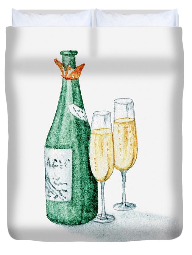 Watercolor Painting Duvet Cover featuring the digital art Illustration Of Champagne Bottle And by Dorling Kindersley