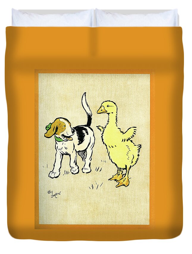 Puppy Duvet Cover featuring the mixed media Illustration of puppy and gosling by Cecil Aldin
