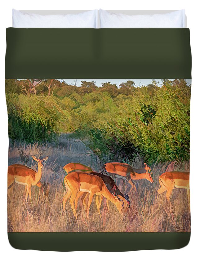 Impala Duvet Cover featuring the photograph Impalas of Botswana, Painterly by Marcy Wielfaert
