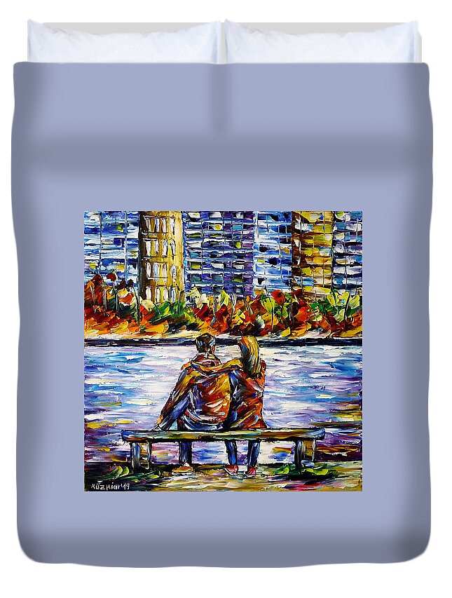 People In Autumn Duvet Cover featuring the painting In Front Of Big City by Mirek Kuzniar