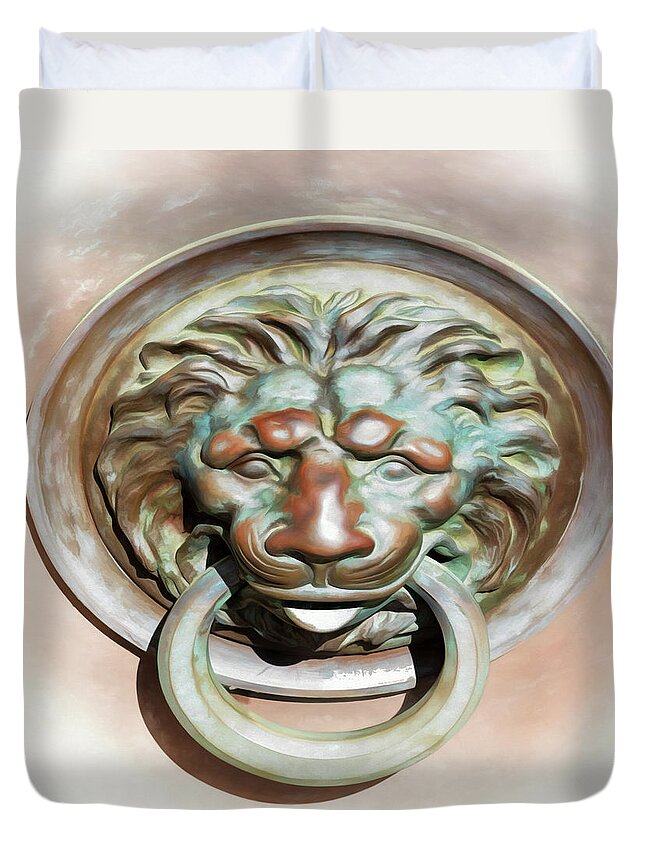 Lions Head Door Knocker Duvet Cover featuring the photograph In Like A Lion by Susan Rissi Tregoning