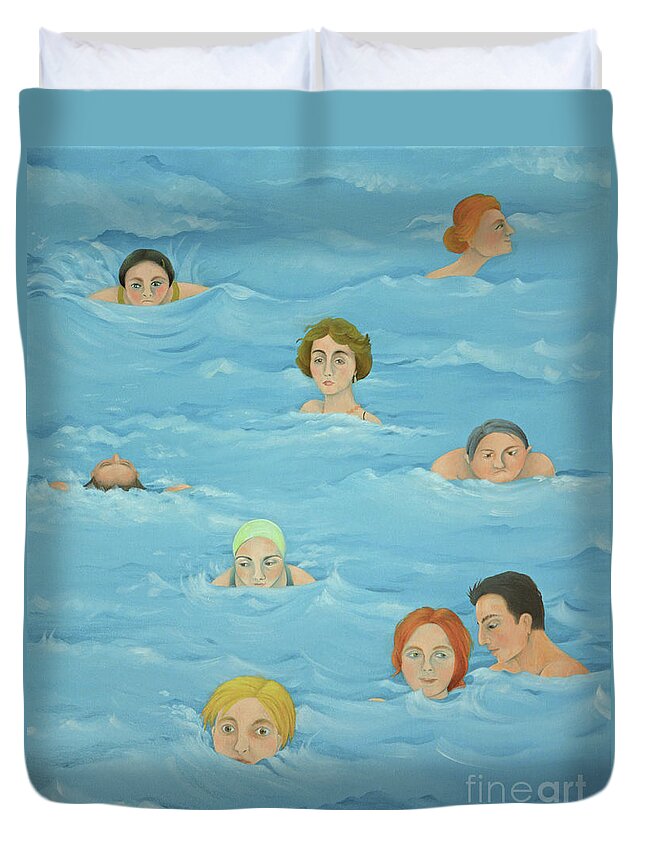 Art Duvet Cover featuring the painting In The Pool, 2016 by Magdolna Ban