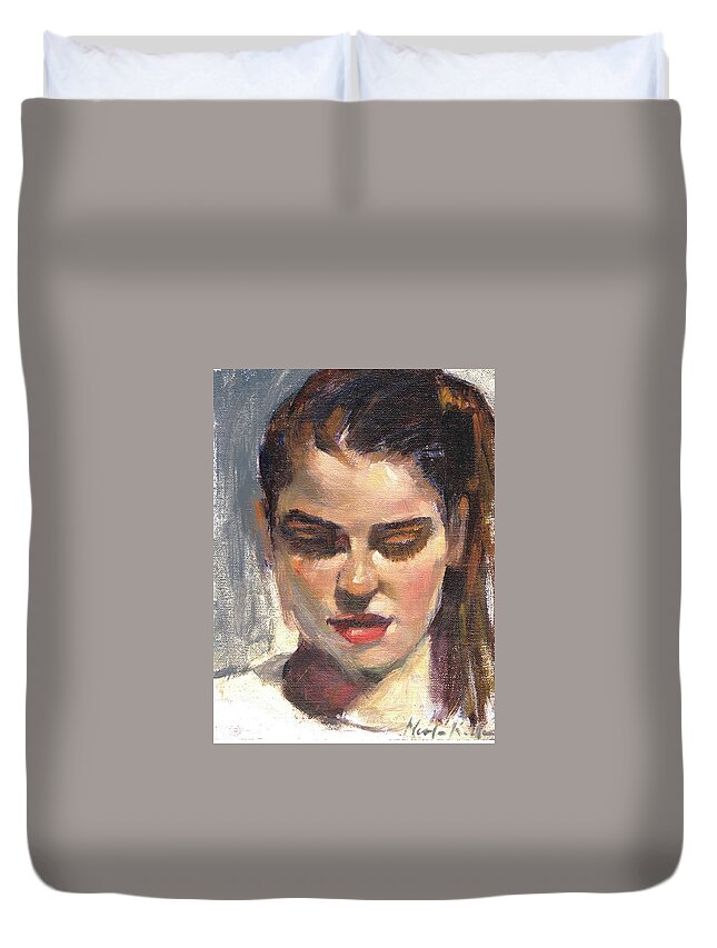 Young Woman Duvet Cover featuring the painting In Thought by Merle Keller