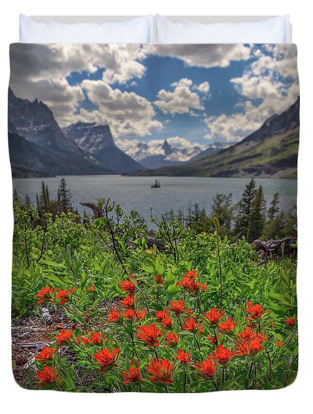 Indian Paintbrush Duvet Cover featuring the photograph Indian Paintbrush at Saint Mary Lake by Kristen Wilkinson