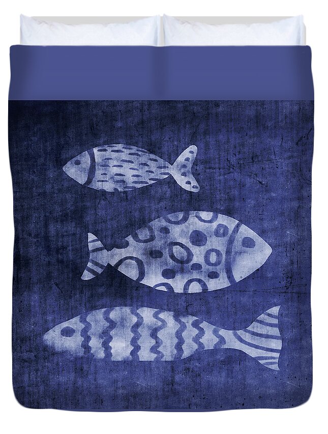 Fish Duvet Cover featuring the mixed media Indigo Fish- Art by Linda Woods by Linda Woods
