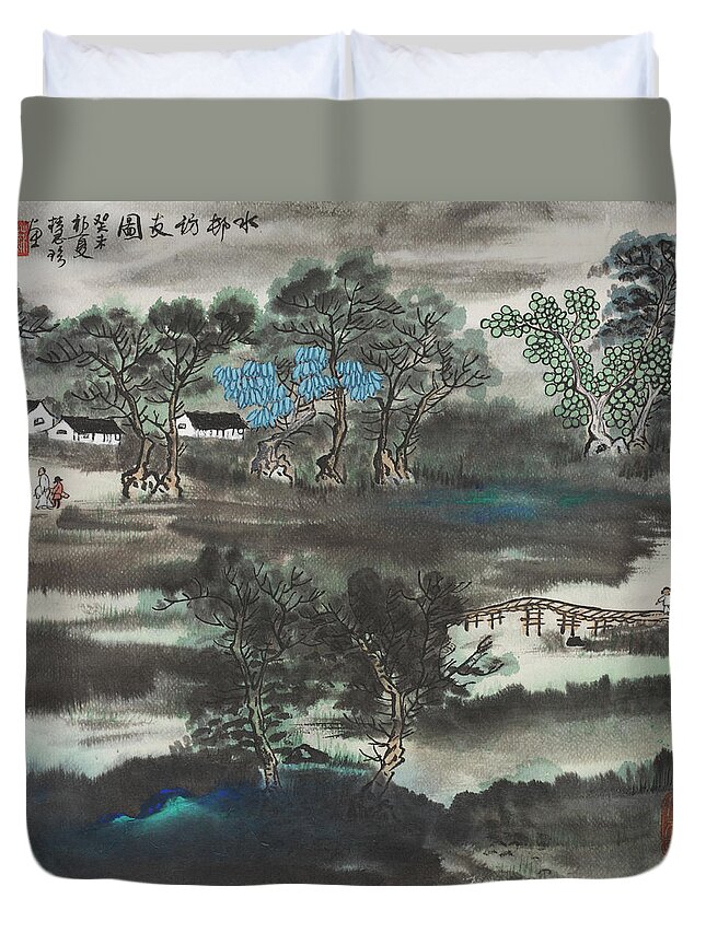 Chinese Watercolor Duvet Cover featuring the painting Visiting Friends by Jenny Sanders