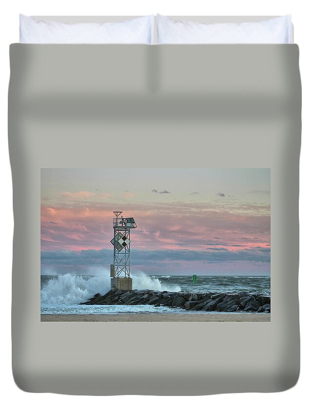 Inlet Duvet Cover featuring the photograph Inlet Jetty Waves At Sunset by Robert Banach