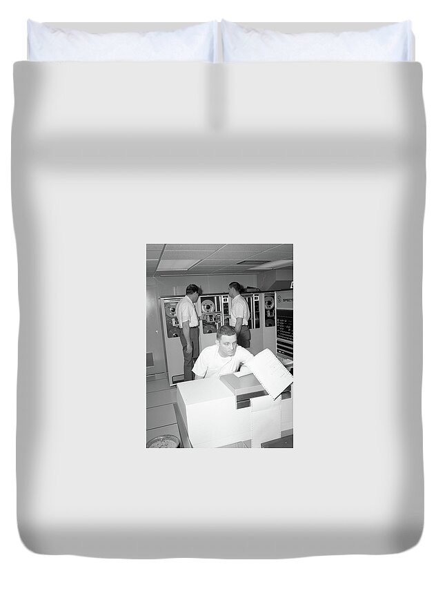 Man Duvet Cover featuring the painting Inmates with an IBM computer and tape back-up system. by Celestial Images