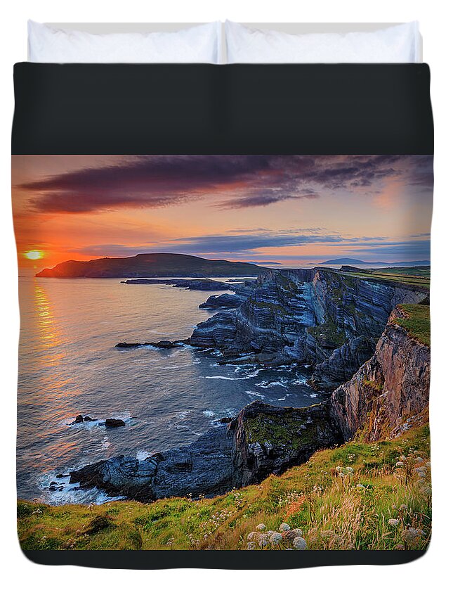 Estock Duvet Cover featuring the digital art Ireland, Kerry, Portmagee, View Of The So-called Kerry Cliffs, The Highest Along The Ring Of Kerry, Looking Towards Valentia Island In The Background by Riccardo Spila