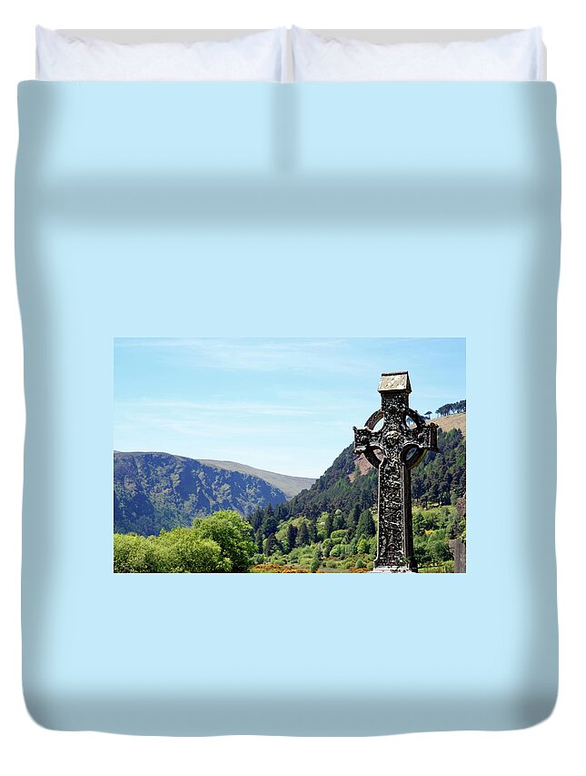 County Wicklow Duvet Cover featuring the photograph Irish High Cross And Landscape by Aloha 17