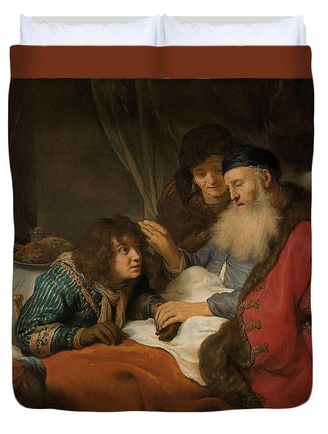 Isaac Blessing Duvet Cover featuring the painting Isaac Blessing Jacob, c. 1638 by Vincent Monozlay