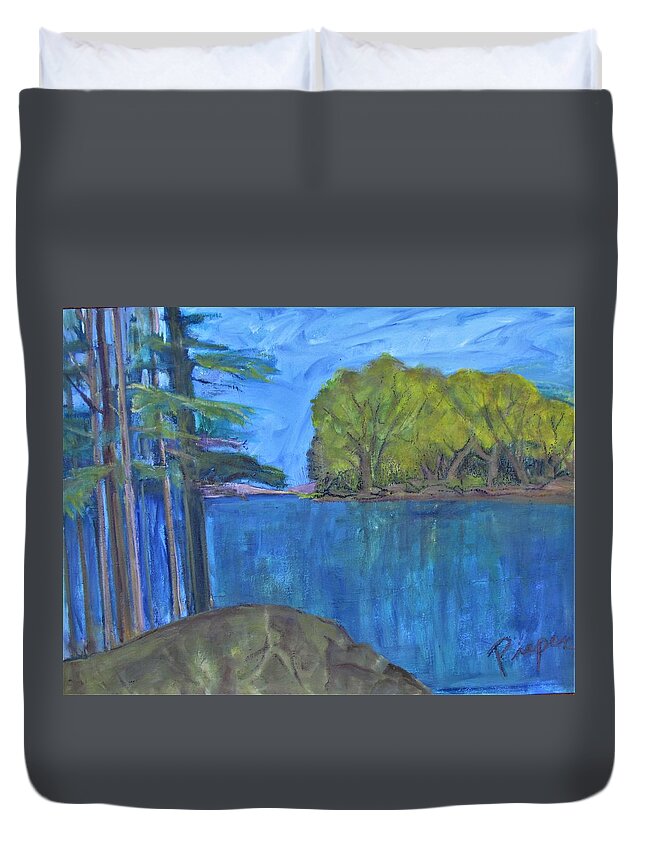 Tall Pines And Green Deciduous Trees Duvet Cover featuring the painting Islands of Diversity in the Adirondacks by Betty Pieper
