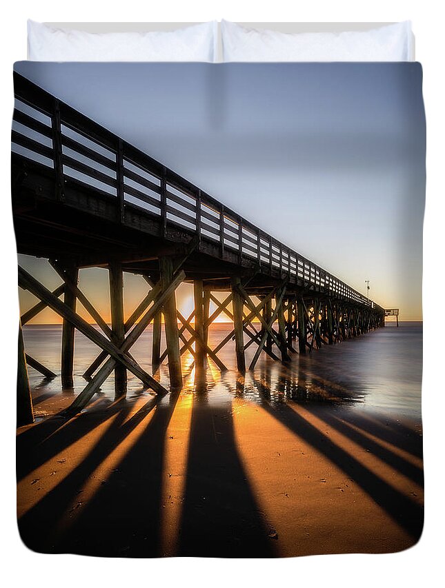 Isle Of Palms Duvet Cover featuring the photograph Isle of Palms Pier Light and Shadows by Donnie Whitaker