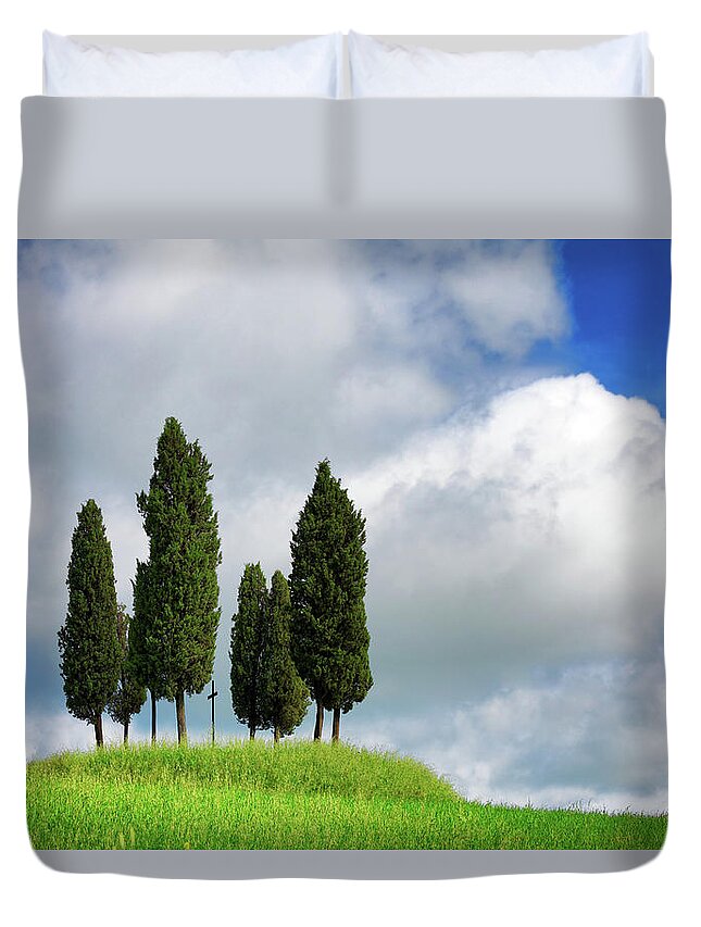 Scenics Duvet Cover featuring the photograph Italian Cypresses In The Spring by Mammuth