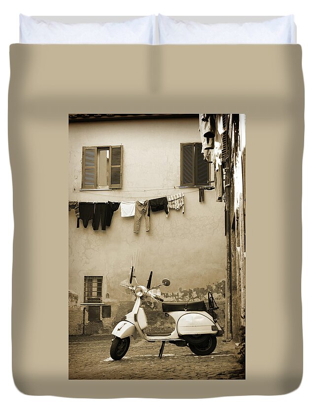 Cool Attitude Duvet Cover featuring the photograph Italian Vintage Scooter In A Village by Romaoslo