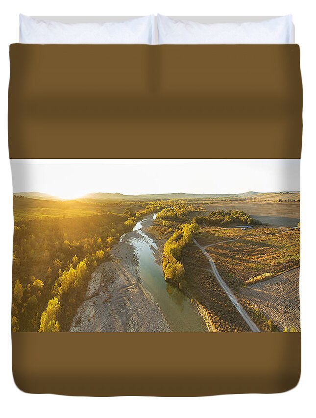 Estock Duvet Cover featuring the digital art Italy, Tuscany, Siena District, Orcia Valley, Orcia River Near Pienza, Aerial View By Drone by Guido Cozzi