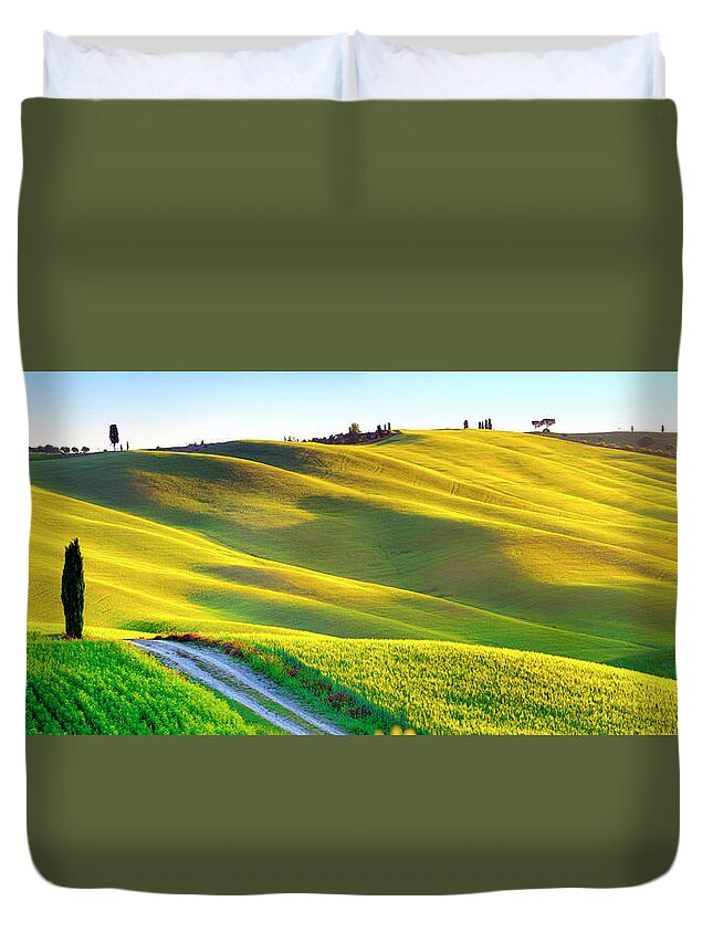 Estock Duvet Cover featuring the digital art Italy, Tuscany, Siena District, Orcia Valley, Tuscan Landscape Lit By The Sunrise by Francesco Carovillano