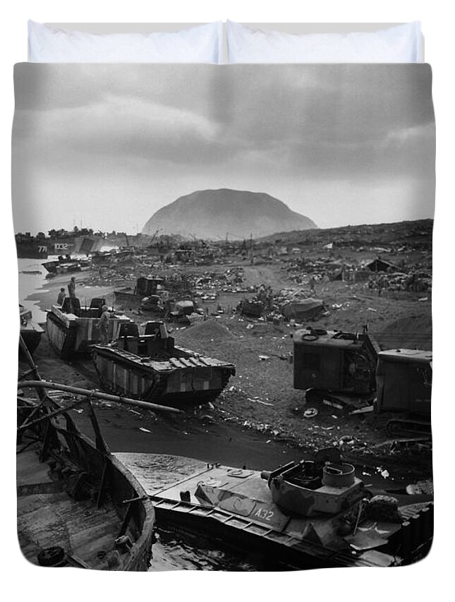 Iwo Jima Duvet Cover featuring the photograph Iwo Jima Beach Destruction by War Is Hell Store