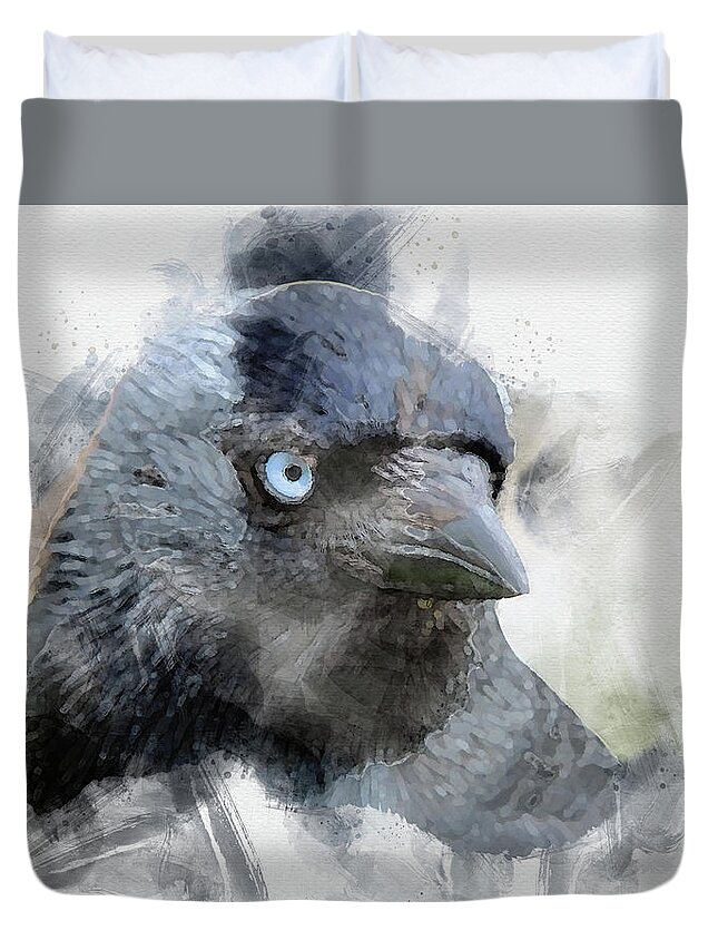 Jackdaw Duvet Cover featuring the painting Jackdaw - Blue Eyes by Philip Openshaw
