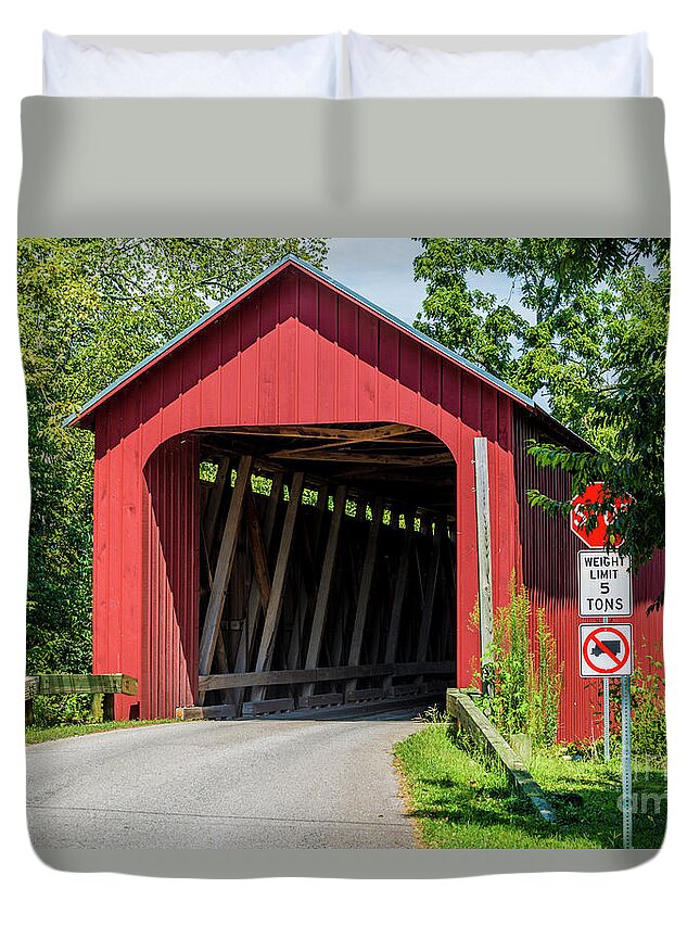 James Duvet Cover featuring the photograph James Covered Bridge - Commiskey - Indiana by Gary Whitton