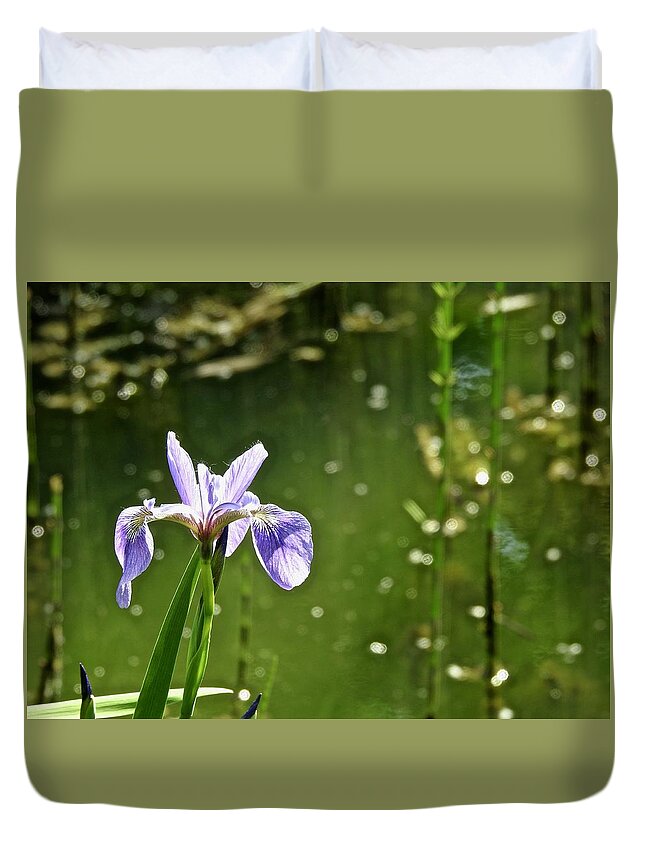 Iris Duvet Cover featuring the photograph Japanese Iris By The Water by Kathy Chism